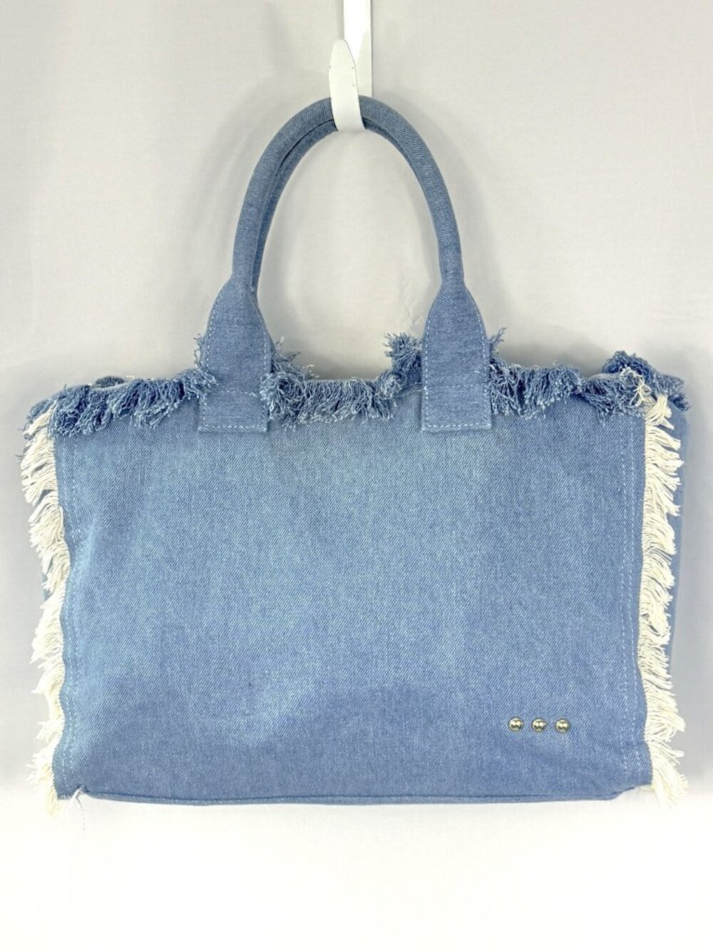 PS Washed Blue Denim Frayed Fringe Trim Crossbody Resort Tote Bag